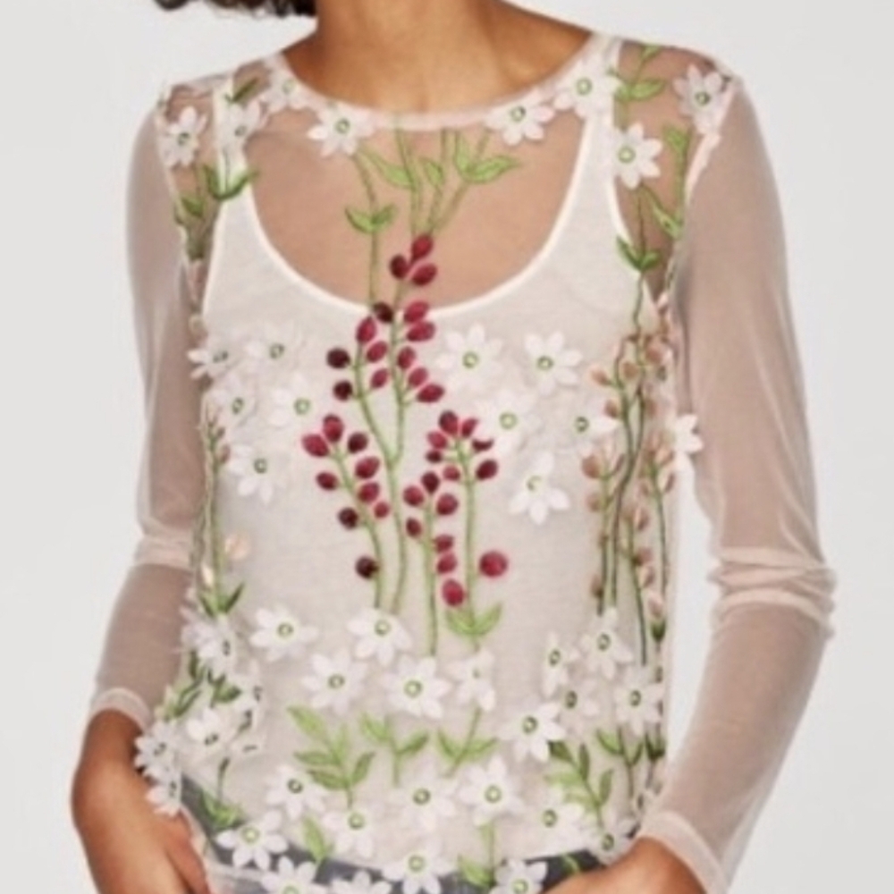 Zara sheer floral embroidered top shirt Size Large boho